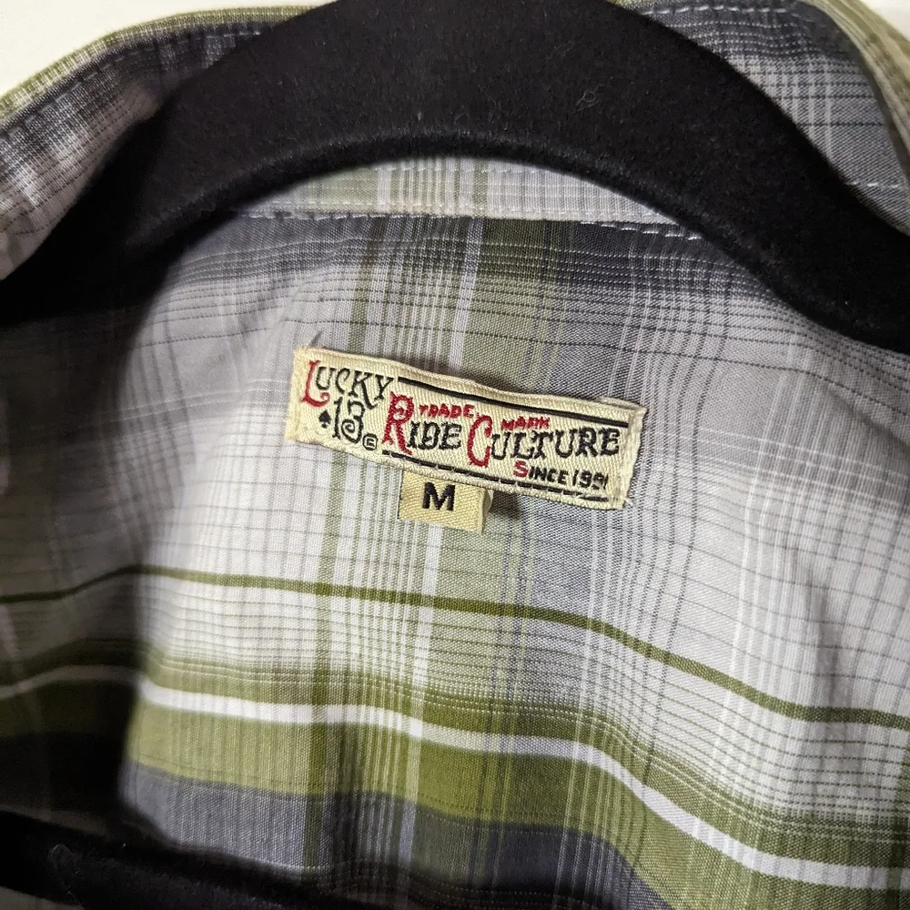 Lucky 13 zombie tiki button up shirt plaid green rockabilly retro pin up M L - Picture 3 of 12